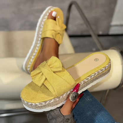 Sandalias de Deslizamiento Cómodas para Mujeres con Detalle de Lazo en Plataforma de Espadrille de Punta Abierta