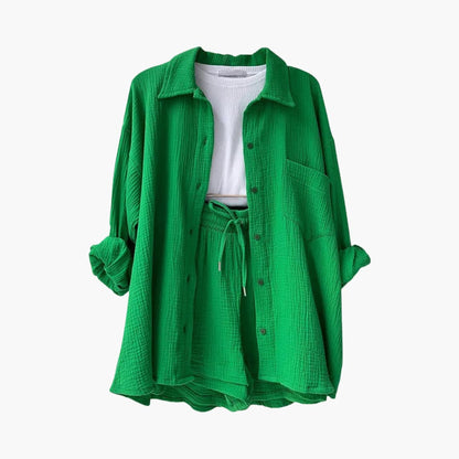 Conjunto de Dos Piezas de Algodón Arrugado Sin Esfuerzo para Mujeres con Pantalones Cortos con Cintura Ajustable y Estilo Relajado