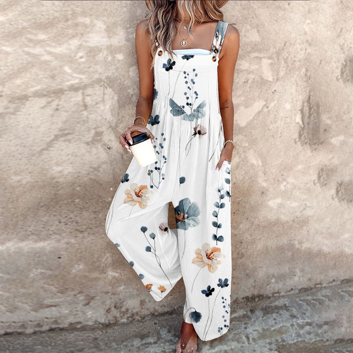 Mono Floral Amplio Sin Mangas para Mujeres con Escote Cuadrado y Botones al Frente, Estilo Bohemio