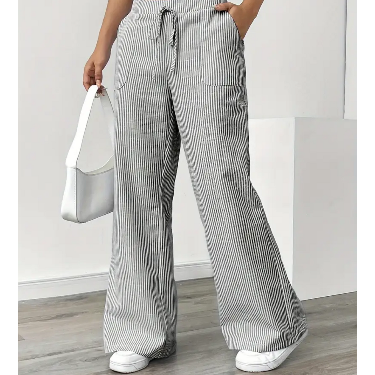 Pantalones Anchos a Rayas para Mujeres con Cintura Alta y Cuerda, Estilo Casual Relajado