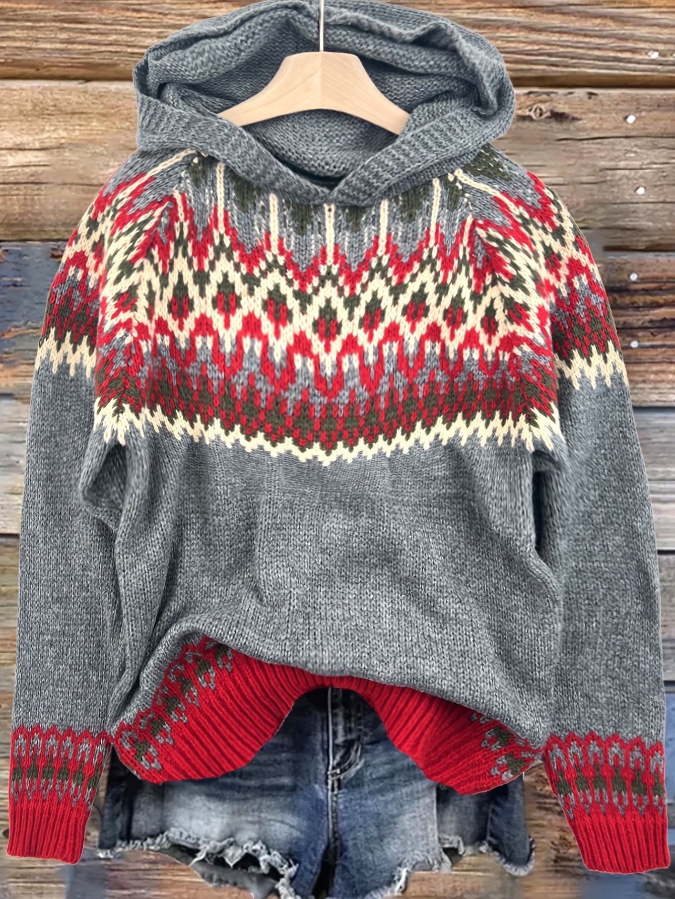 Suéter Cómodo Fair Isle para Mujeres con Capucha y Manga Larga Relajada de Estilo Oversized