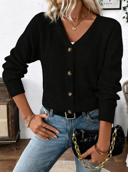 Cárdigan de Punto Acanalado Cómodo para Mujeres con Cuello en V, Manga Larga, Botones Frontal, Estilo Relajado y Corto