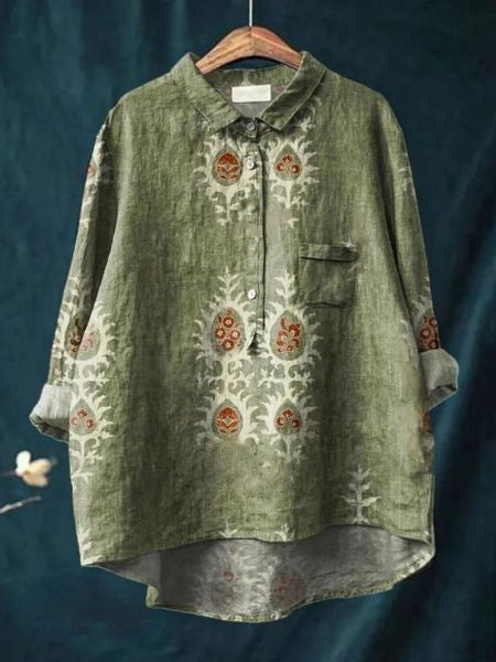 Blusa de Lino Floral Sin Esfuerzo para Mujeres con Cuello, Manga Larga, Botones en la Parte Frontal y Estilo de Dobladillo Alto-Bajo