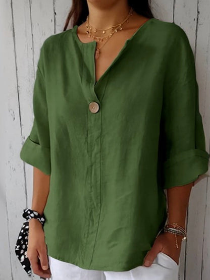 Blusa de Lino Sin Esfuerzo para Mujeres con Cuello en V y Manga de Codo, Estilo Relajado