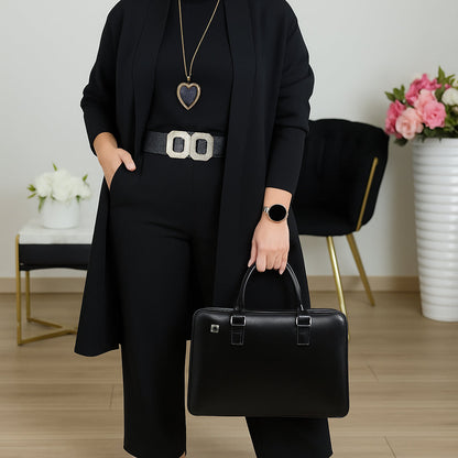Conjunto Elegante de Tres Piezas para Mujeres con Top de Cuello Redondo, Cárdigan Abierto y Pantalón de Pierna Ancha, Estilo Formal