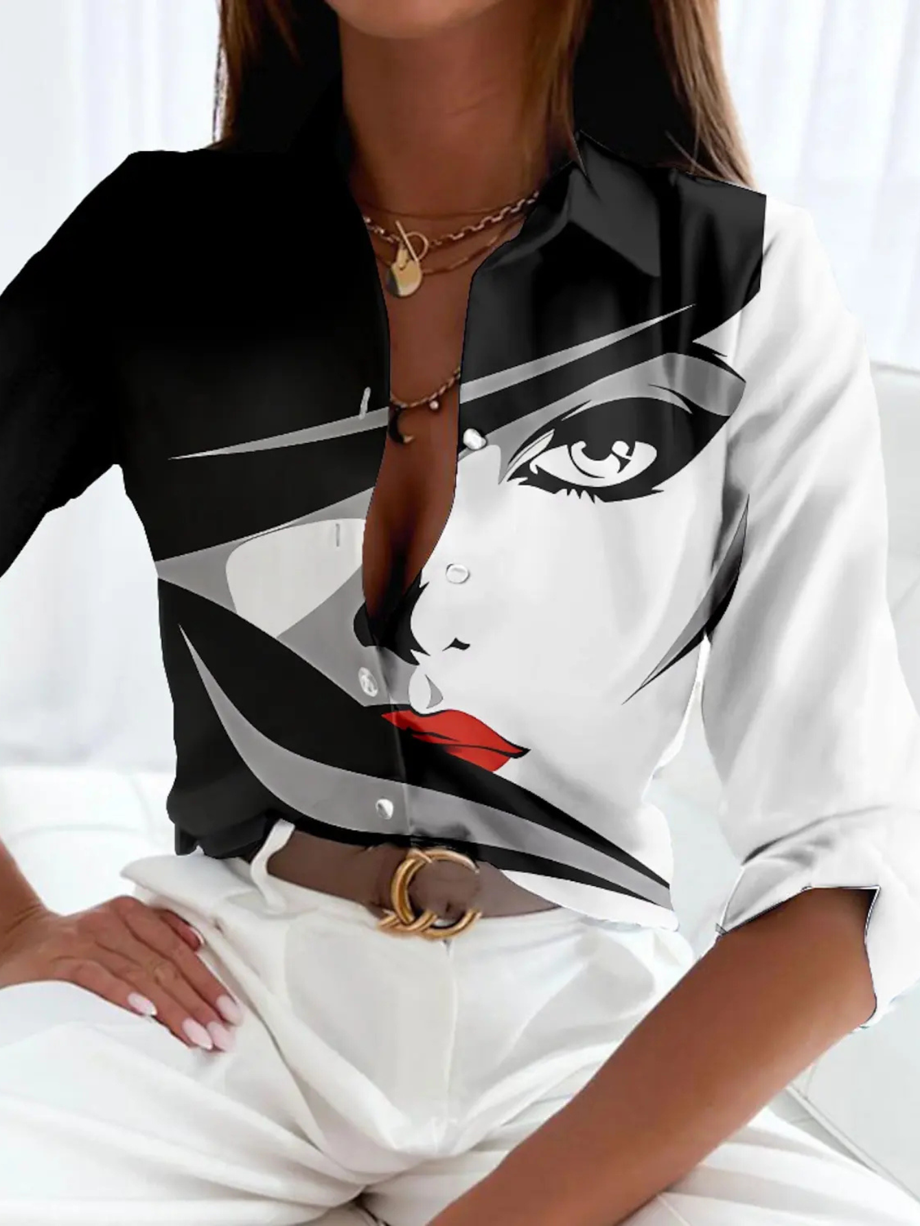 Blusa de Impresión Colorblock Sin Esfuerzo para Mujeres con Cuello Punto y Mangas de Codo, Estilo Relajado con Botones