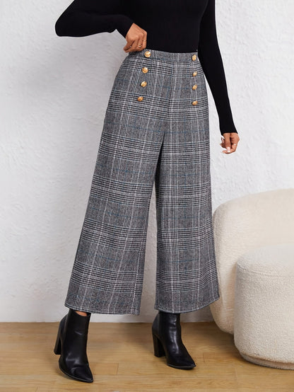 Pantalones Anchos de Cuadros Grises Elegantes para Mujeres con Cintura Alta y Estilo Ajustado