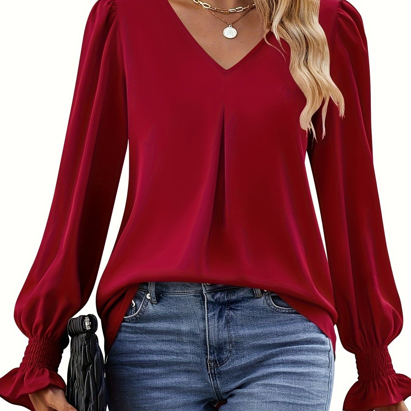 Blusa Sin Esfuerzo para Mujeres con Cuello en V, Manga Globo y Puños Fruncidos, Estilo Relajado
