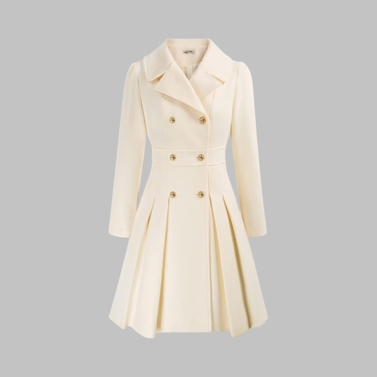 Abrigo de mezcla de lana elegante para mujeres con solapa de muesca, manga larga, doble botonadura y estilo acampanado con pliegues