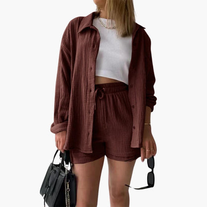 Conjunto de Dos Piezas de Algodón Arrugado Sin Esfuerzo para Mujeres con Pantalones Cortos con Cintura Ajustable y Estilo Relajado