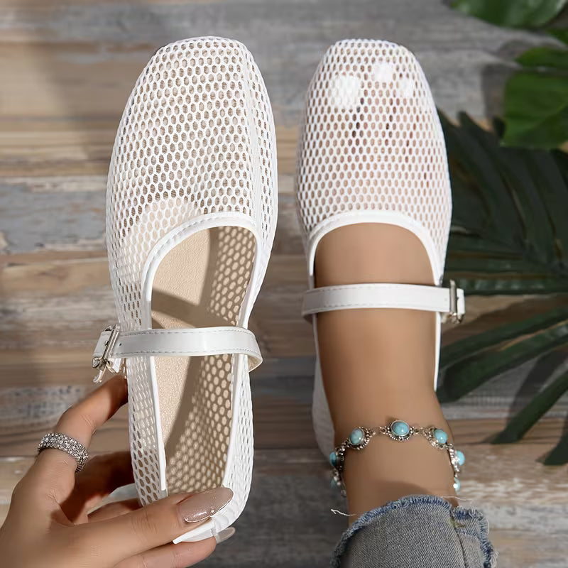Zapatos Mary Jane Cómodos para Mujeres con Correa de Hebilla de Malla Tejida Estilo Plano