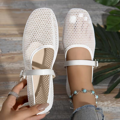 Zapatos Mary Jane Cómodos para Mujeres con Correa de Hebilla de Malla Tejida Estilo Plano