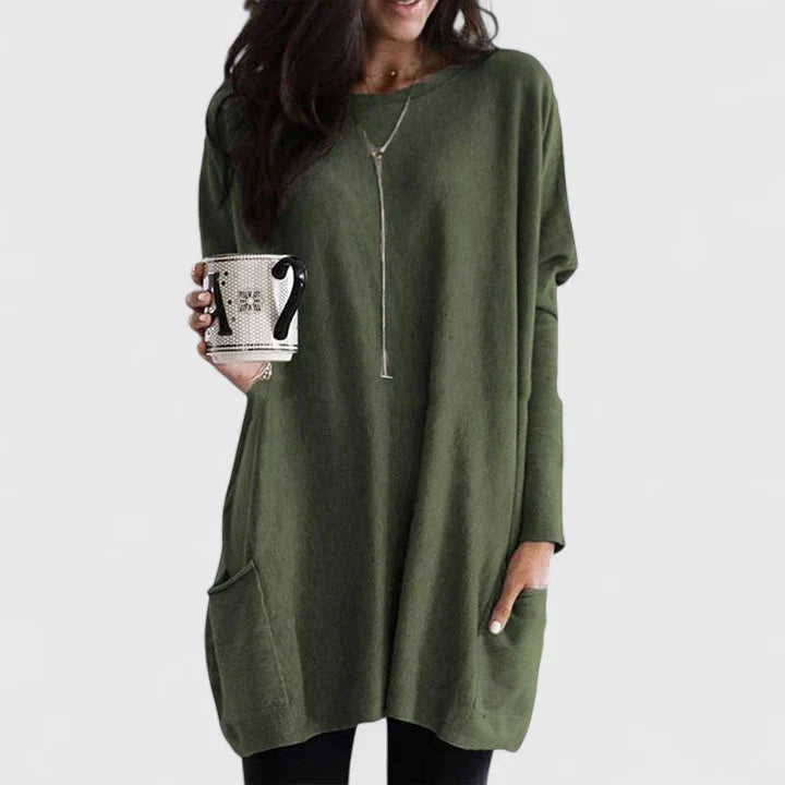Vestido de Suéter Cómodo para Mujeres con Cuello Redondo, Manga Larga, Bolsillo Frontal, Estilo Oversized