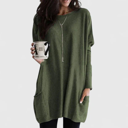Vestido de Suéter Cómodo para Mujeres con Cuello Redondo, Manga Larga, Bolsillo Frontal, Estilo Oversized