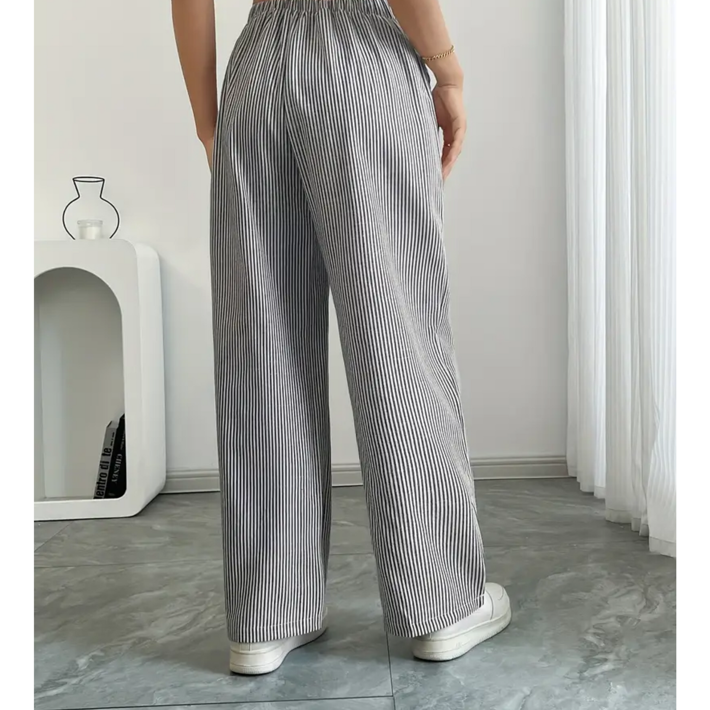Pantalones Anchos a Rayas para Mujeres con Cintura Alta y Cuerda, Estilo Casual Relajado