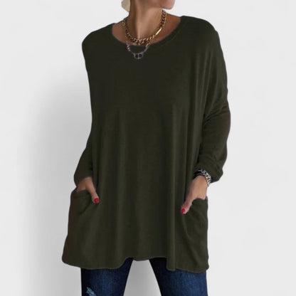 Túnica Oversized Sin Esfuerzo para Mujeres con Cuello Redondo, Manga Larga, Bolsillos Laterales y Estilo Relajado