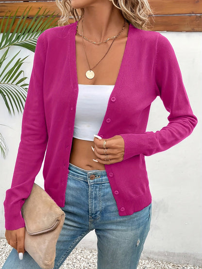 Suéter Cárdigan de Punto Sin Esfuerzo para Mujeres con Cuello en V, Manga Larga, Frente con Botones y Estilo Relajado