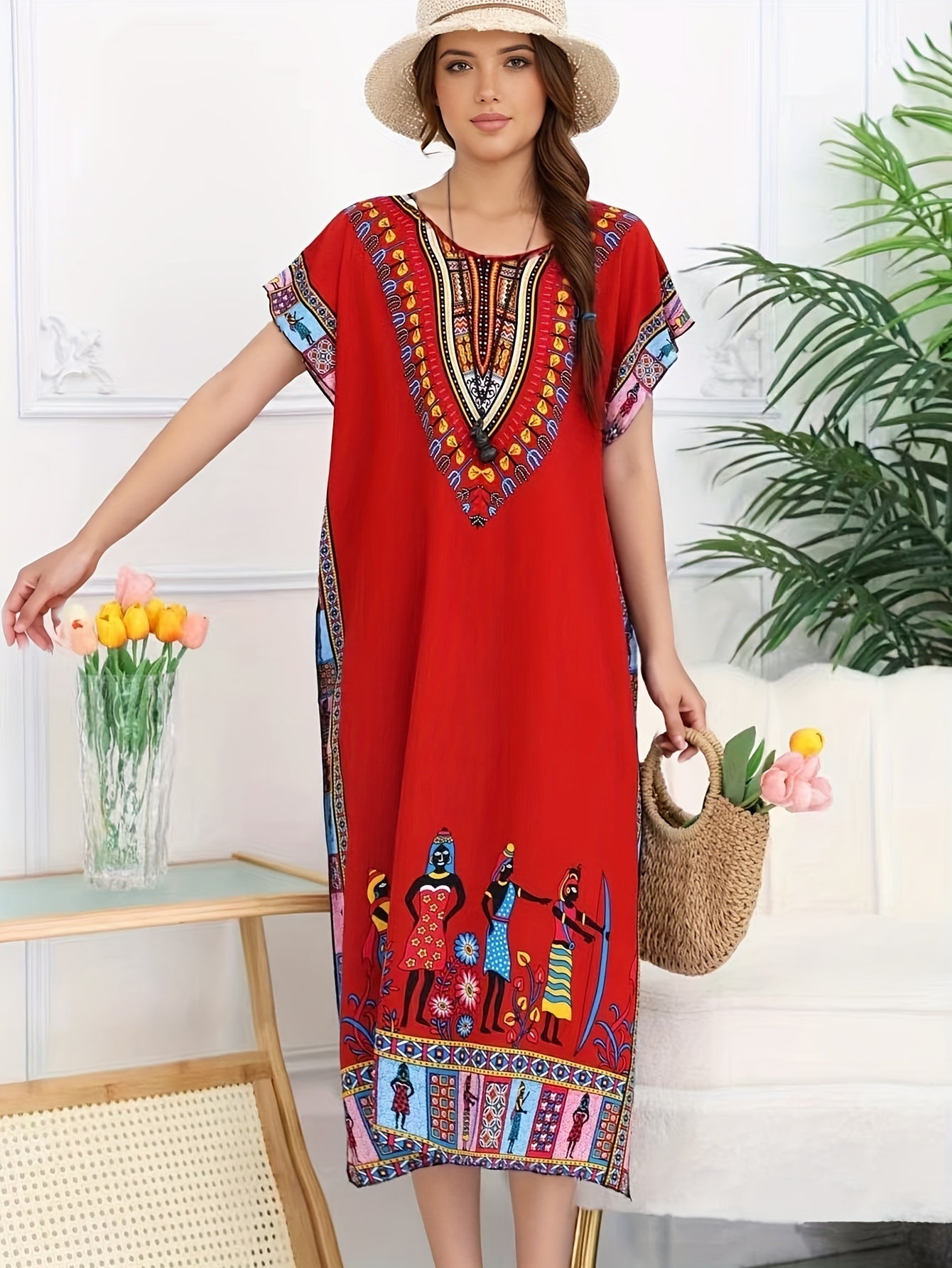 Vestido Kaftán de Impresión Tribal Sin Esfuerzo para Mujeres con Escote en V y Manga Corta Estilo Bohemio