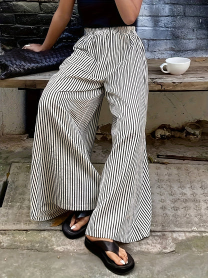 Pantalones Anchos de Rayas Melocotón para Mujeres con Cintura Alta y Cinturilla Elástica, Estilo Fluido y Relajado