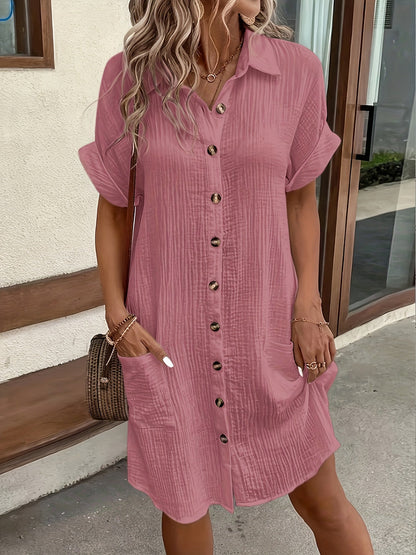 Vestido Camisero de Gasa de Algodón Sin Esfuerzo para Mujeres con Cuello, Manga Corta y Botones, Estilo Relajado