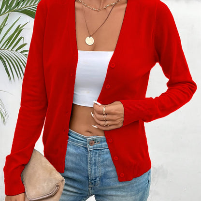 Suéter Cárdigan de Punto Sin Esfuerzo para Mujeres con Cuello en V, Manga Larga, Frente con Botones y Estilo Relajado