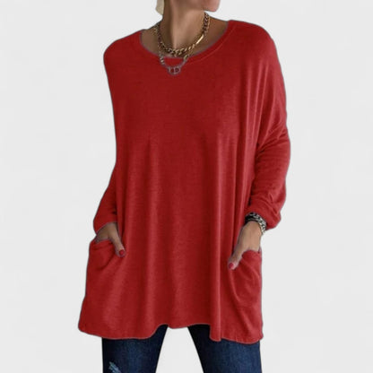 Túnica Oversized Sin Esfuerzo para Mujeres con Cuello Redondo, Manga Larga, Bolsillos Laterales y Estilo Relajado