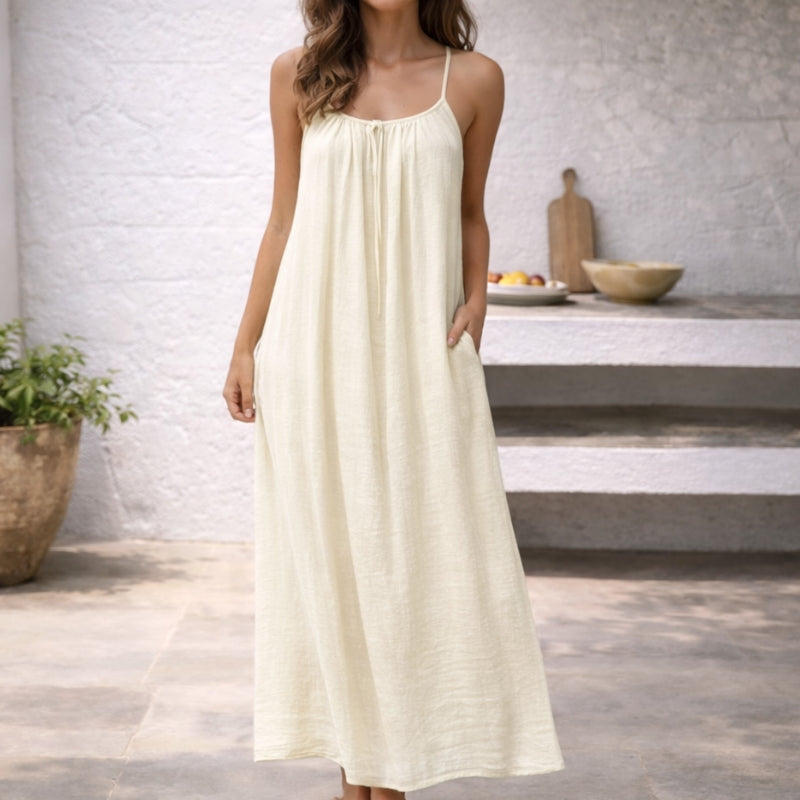 Vestido Maxi de Lino Sin Esfuerzo para Mujeres con Escote Redondo y Tirantes de Espagueti en Estilo Bohemio