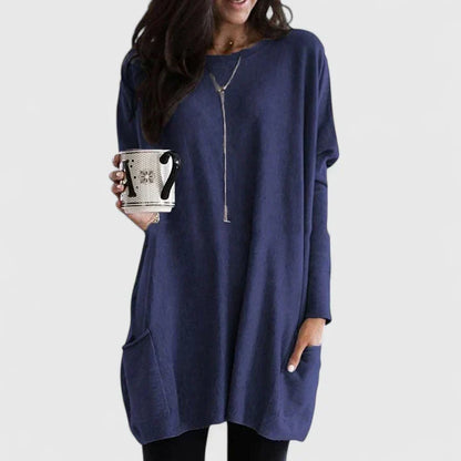 Vestido de Suéter Cómodo para Mujeres con Cuello Redondo, Manga Larga, Bolsillo Frontal, Estilo Oversized