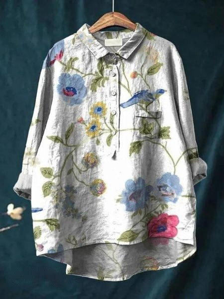 Blusa Floral Impresa Sin Esfuerzo para Mujeres con Cuello, Manga Larga, Botones en el Frente, Estilo Relajado