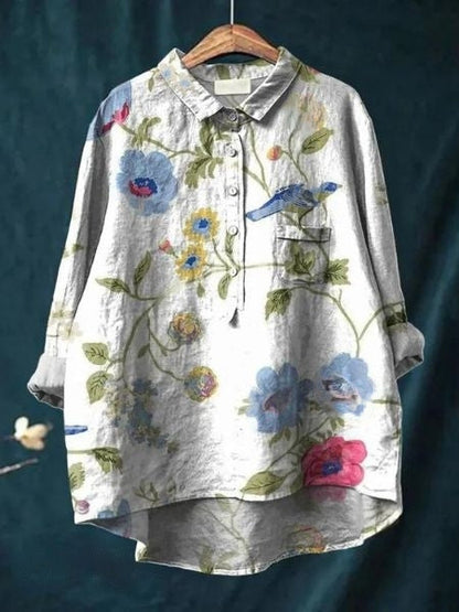 Blusa Floral Impresa Sin Esfuerzo para Mujeres con Cuello, Manga Larga, Botones en el Frente, Estilo Relajado