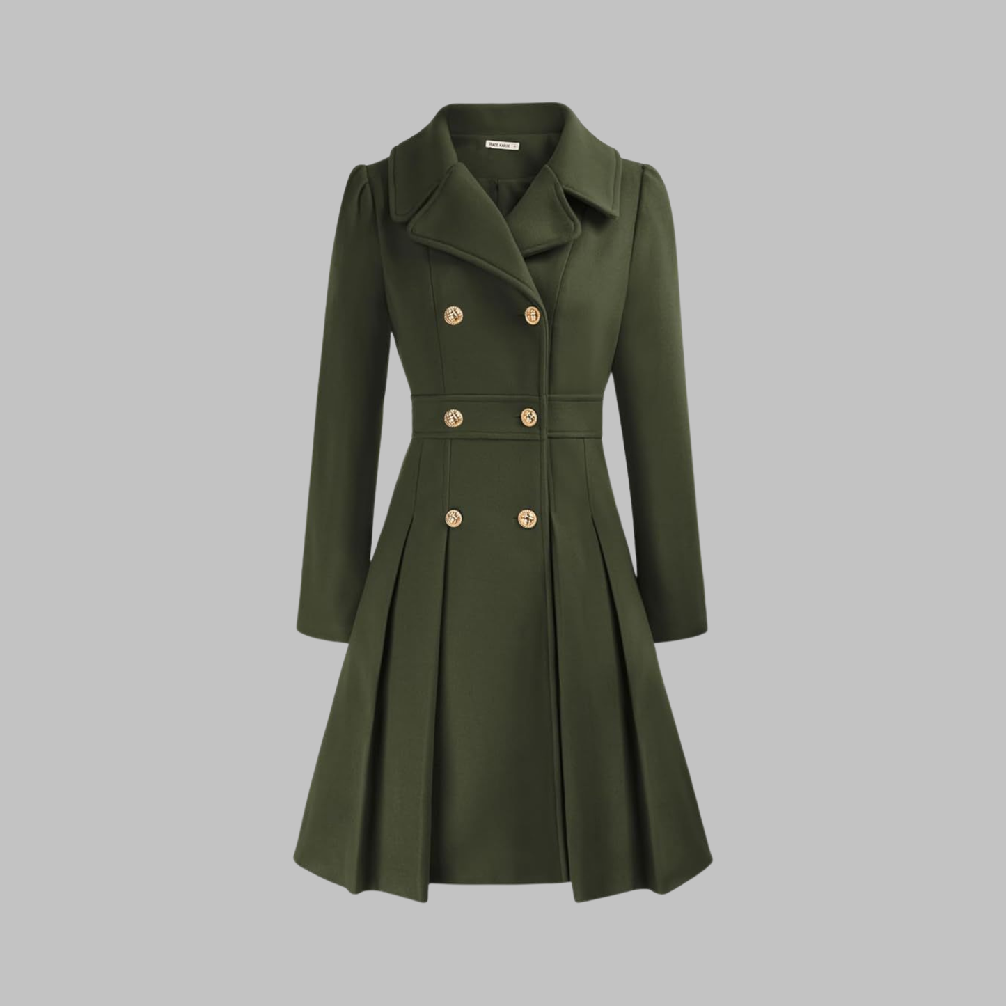 Abrigo de mezcla de lana elegante para mujeres con solapa de muesca, manga larga, doble botonadura y estilo acampanado con pliegues