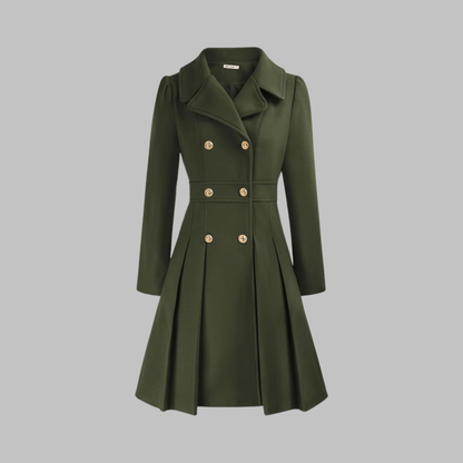 Abrigo de mezcla de lana elegante para mujeres con solapa de muesca, manga larga, doble botonadura y estilo acampanado con pliegues