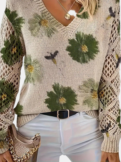 Suéter de Ganchillo Floral Cómodo para Mujeres con Cuello en V y Mangas de Globo, Estilo Oversized