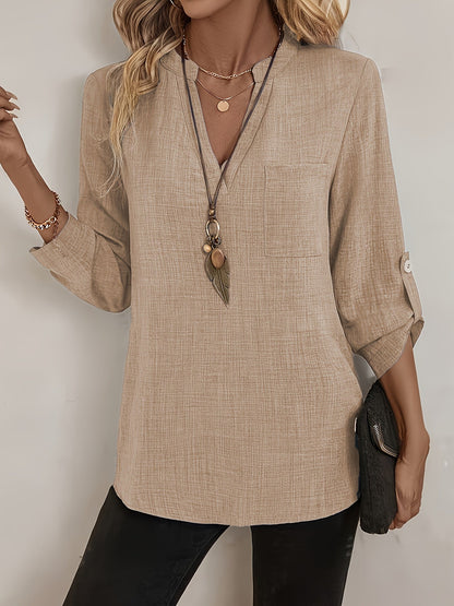 Diseño de Moda Primavera y Verano Top de Manga Media con Escote en V para Mujeres, Camisa de Estilo Europeo y Americano con Manga Larga y Manga Remangada, Top Casual para Desplazamientos con Bolsillo, Camisa de Largo Medio