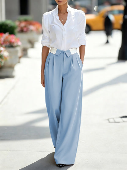 Pantalones de Pierna Ancha Sin Esfuerzo para Mujeres con Cintura Alta, Cinturón con Lazo Plisado Estilo Tailored