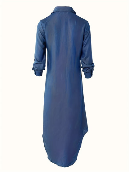 Vestido Camisero Maxi de Denim Azul Elegante para Mujeres con Cuello, Manga Larga y Bajo Asimétrico, Estilo Casual