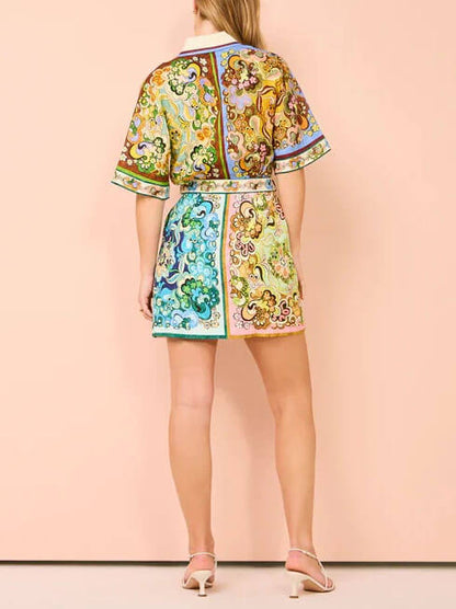Vestido Camisa de Impresión Paisley Multicolor Sin Esfuerzo para Mujeres con Cuello, Manga Corta y Cinturón Estilo Bohemio