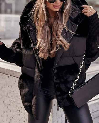 Chaqueta Puffer de Piel Sintética Cómoda para Mujeres con Capucha y Mangas Largas de Puño Acanalado Estilo Oversized