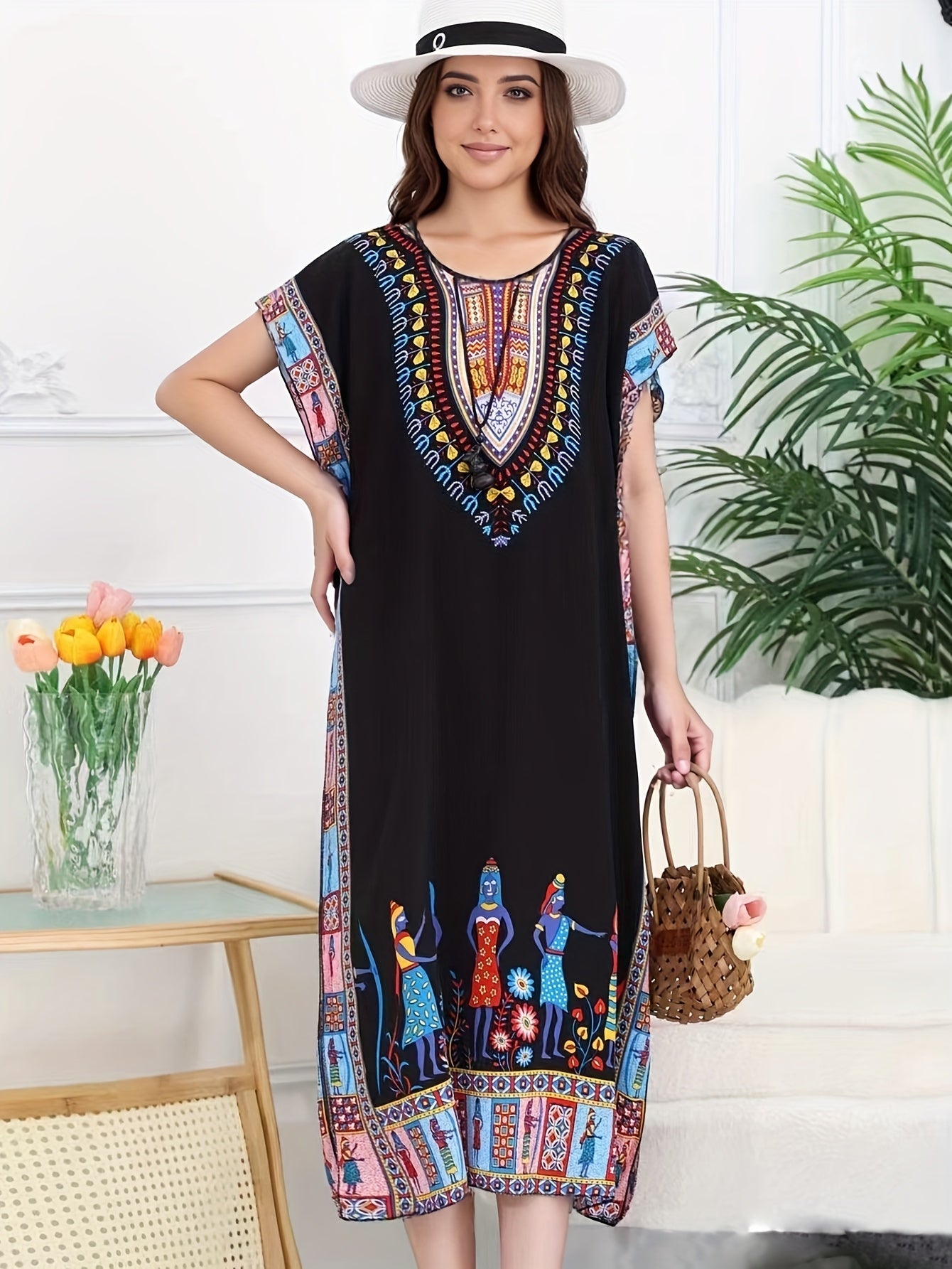 Vestido Kaftán de Impresión Tribal Sin Esfuerzo para Mujeres con Escote en V y Manga Corta Estilo Bohemio