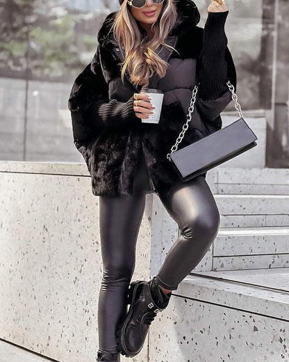 Chaqueta Puffer de Piel Sintética Cómoda para Mujeres con Capucha y Mangas Largas de Puño Acanalado Estilo Oversized