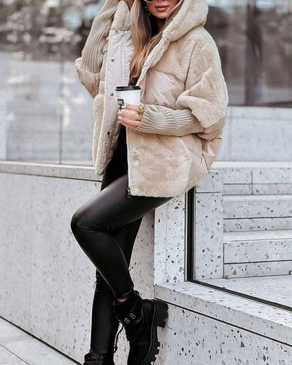 Chaqueta Puffer de Piel Sintética Cómoda para Mujeres con Capucha y Mangas Largas de Puño Acanalado Estilo Oversized