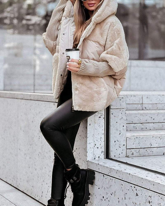 Chaqueta Puffer de Piel Sintética Cómoda para Mujeres con Capucha y Mangas Largas de Puño Acanalado Estilo Oversized