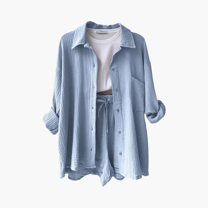 Conjunto de Dos Piezas de Algodón Arrugado Sin Esfuerzo para Mujeres con Pantalones Cortos con Cintura Ajustable y Estilo Relajado