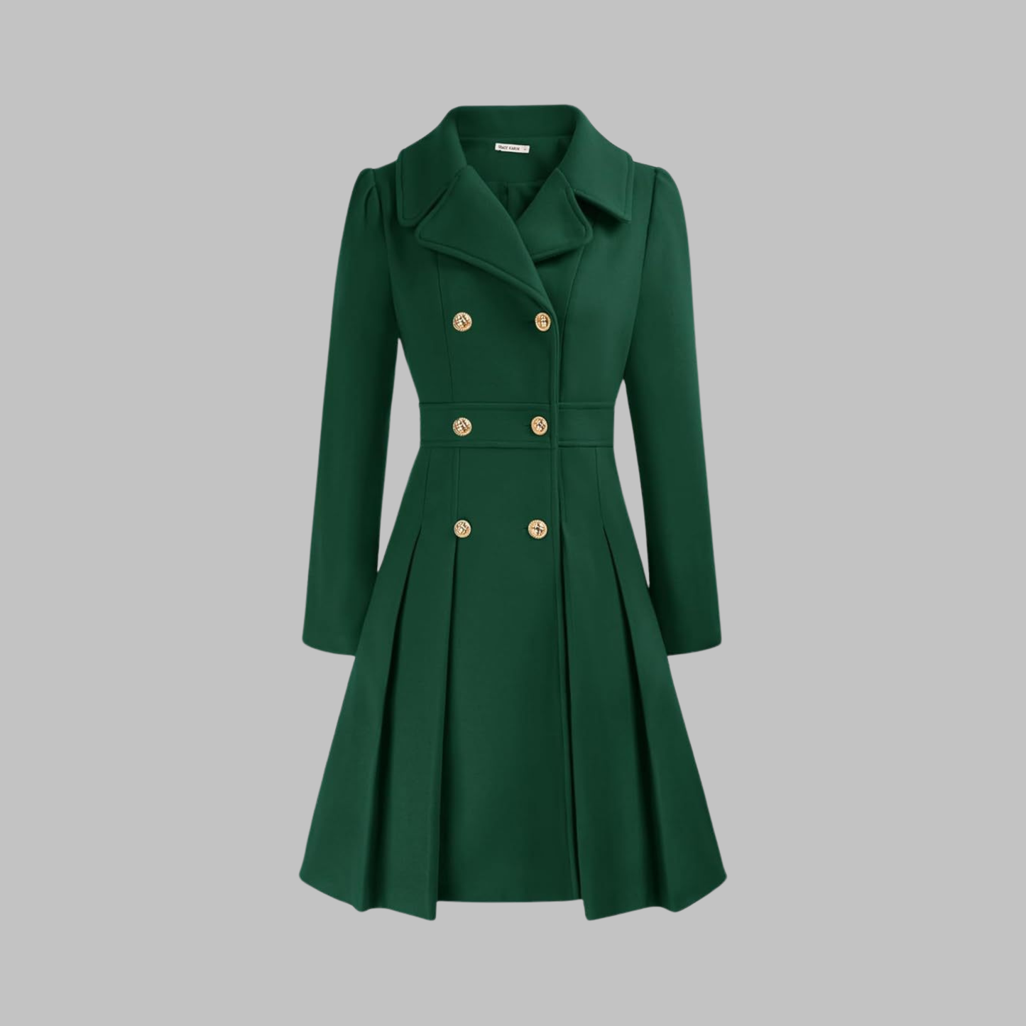 Abrigo de mezcla de lana elegante para mujeres con solapa de muesca, manga larga, doble botonadura y estilo acampanado con pliegues