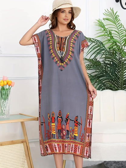 Vestido Kaftán de Impresión Tribal Sin Esfuerzo para Mujeres con Escote en V y Manga Corta Estilo Bohemio
