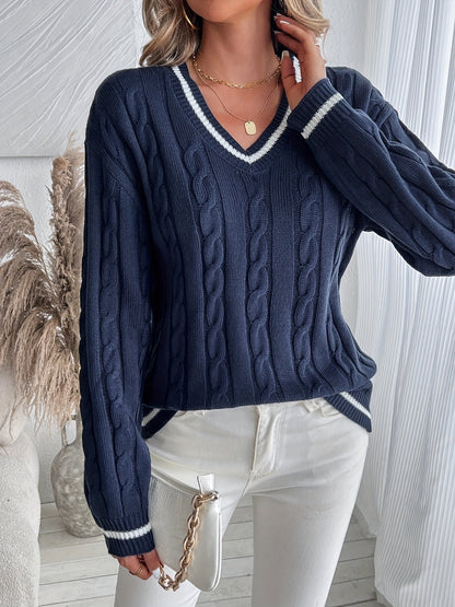 Suéter de Punto Trenzado Cómodo para Mujeres con Escote en V, Manga Larga, Detalle de Rayas y Estilo Oversized