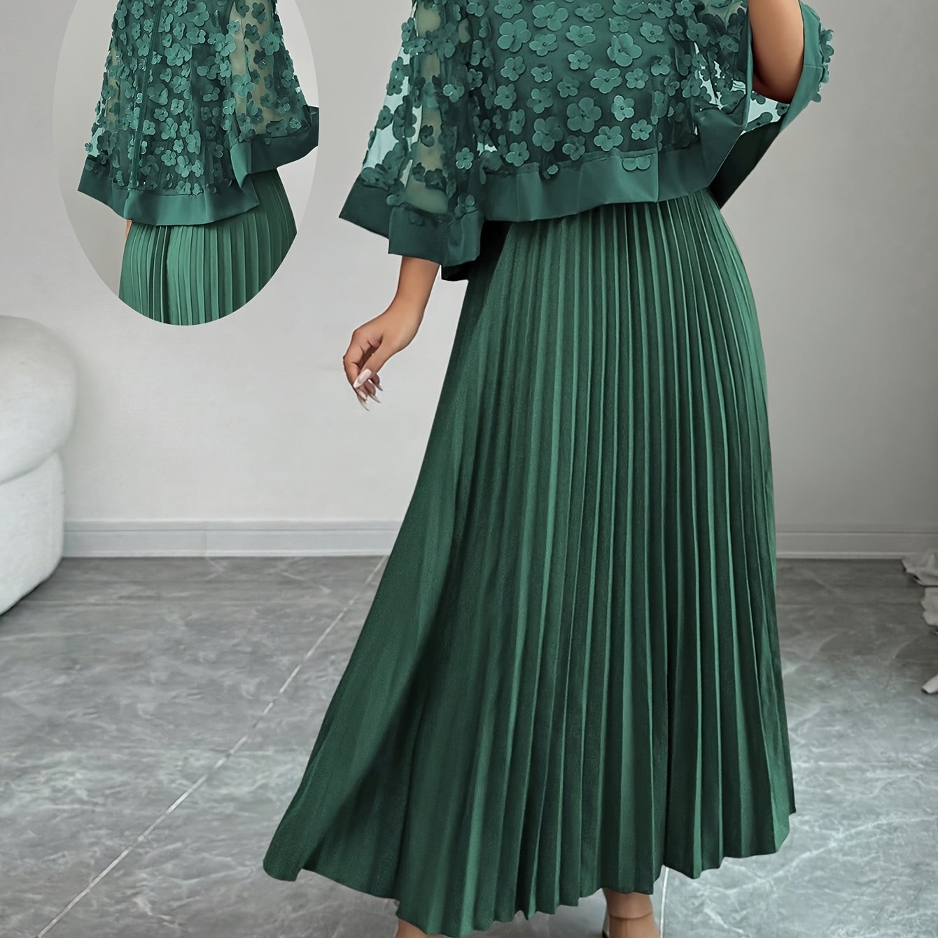 Elegante Vestido Largo Plisado Floral para Mujeres con Cuello Redondo y Manga Capa con Apliques, Estilo Formal para Invitadas de Boda