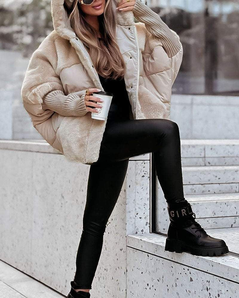 Chaqueta Puffer de Piel Sintética Cómoda para Mujeres con Capucha y Mangas Largas de Puño Acanalado Estilo Oversized