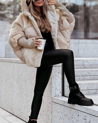 Chaqueta Puffer de Piel Sintética Cómoda para Mujeres con Capucha y Mangas Largas de Puño Acanalado Estilo Oversized