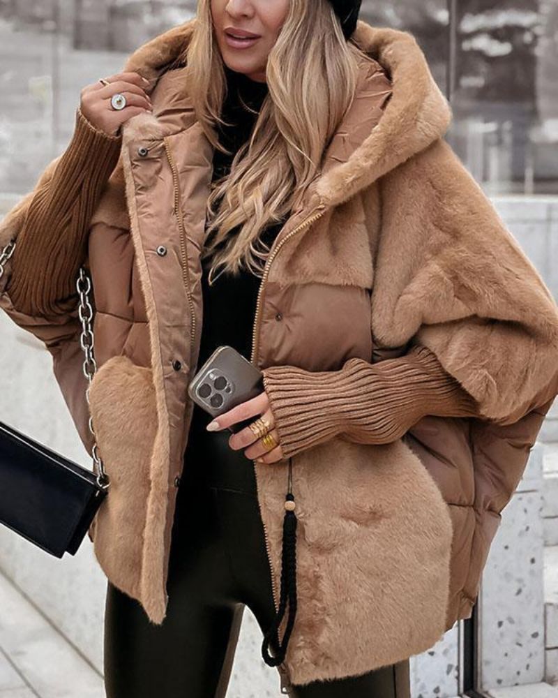 Chaqueta Puffer de Piel Sintética Cómoda para Mujeres con Capucha y Mangas Largas de Puño Acanalado Estilo Oversized